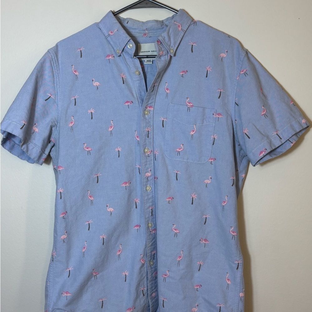 American Eagle Outfitters Light Blue Flamingo Print Shirt
